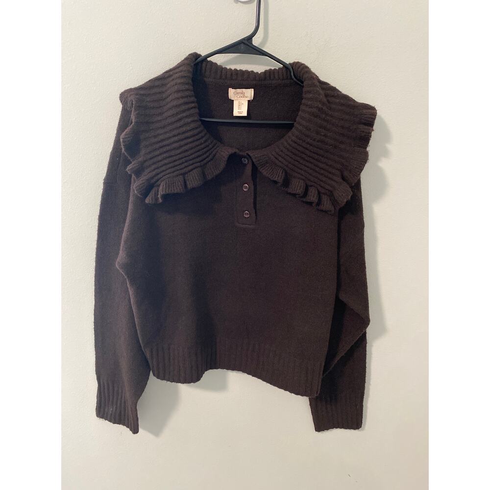 New Camila Coelho Ruffle Collar Sweater, Chocolate Brown Size Large